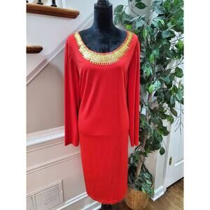 Calvin Klein Women's Red Polyester Round Neck Long Sleeve Knee Length Dress 20W